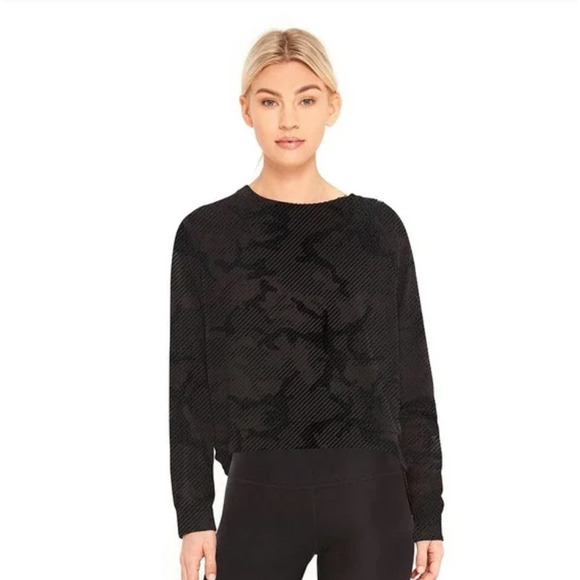 Terez Tops - Terez Women's Camo Foil Pullover Long Sleeve Raglan Knit Top Black Large